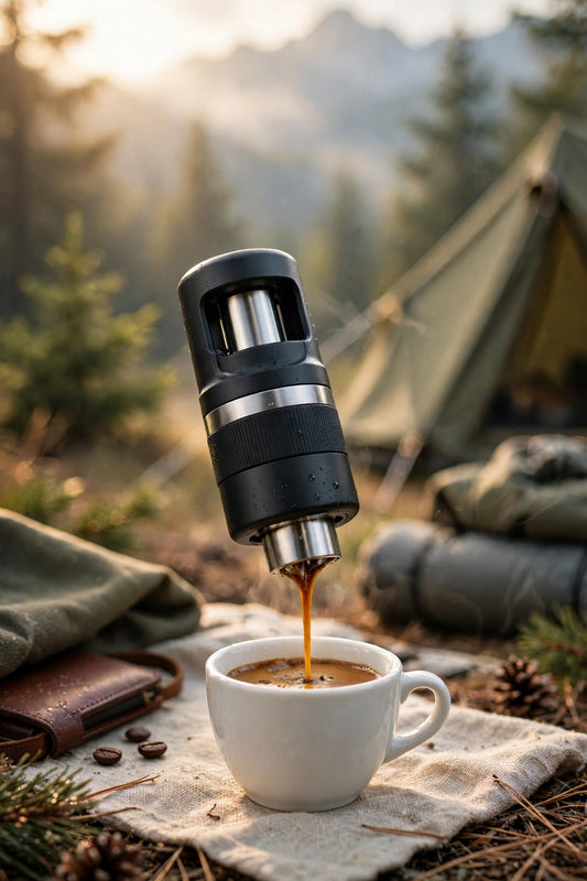 Portable hand-press espresso maker brewing coffee while camping