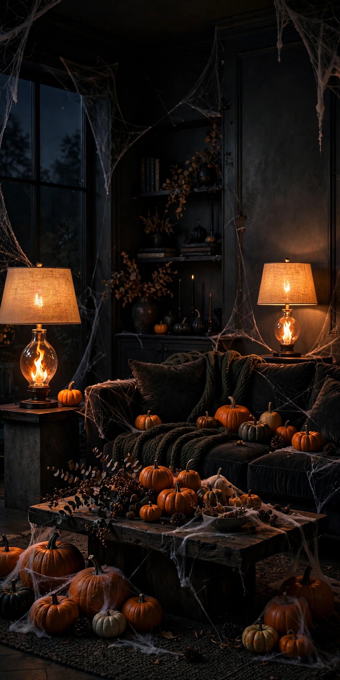 Living room lamps glowing with realistic flame effect bulbs and Halloween decorations