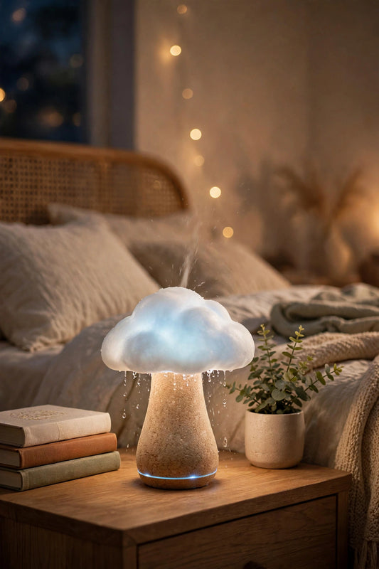 Glowing mushroom rain cloud humidifier on nightstand in cozy bedroom